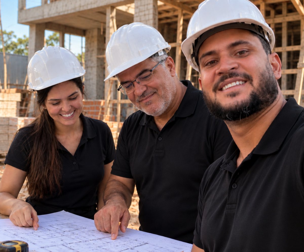 Rafael, Rogério e Laissa, da RARO, analisando o projeto na obra